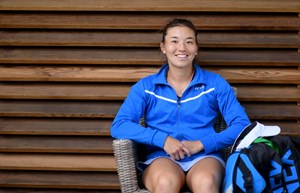 Lily Miyazaki smiling off court at the British Tour tournament at the National Tennis Centre