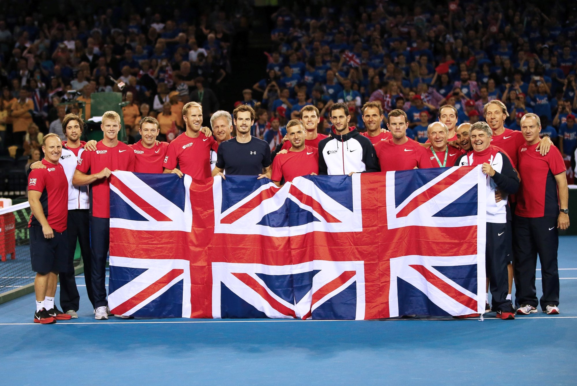 The 2015 Davis Cup squad celebrating their semi-final win over Australia