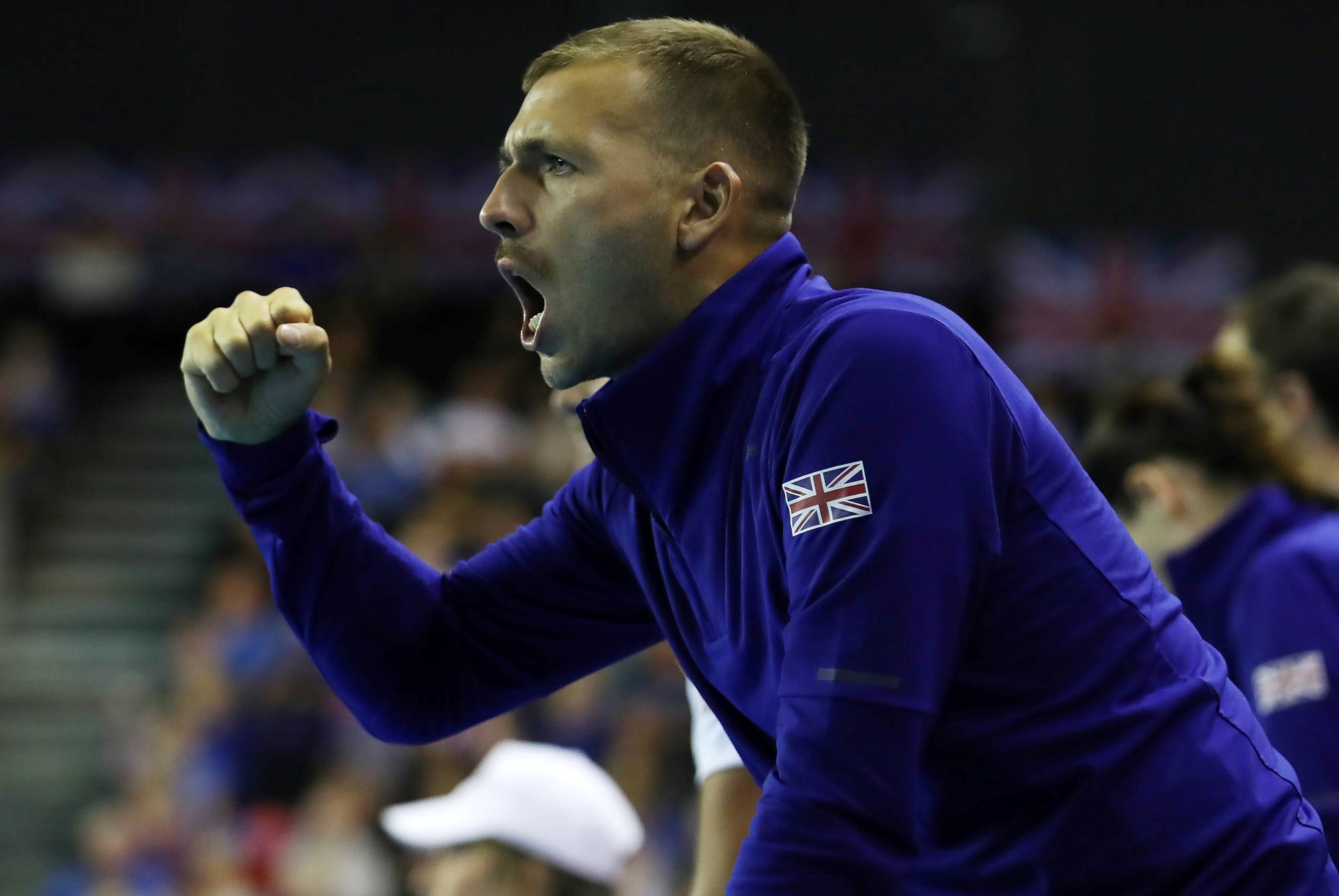 Dan Evans cheers on his teammates at the 2018 Davis Cup playoff in Glasgow