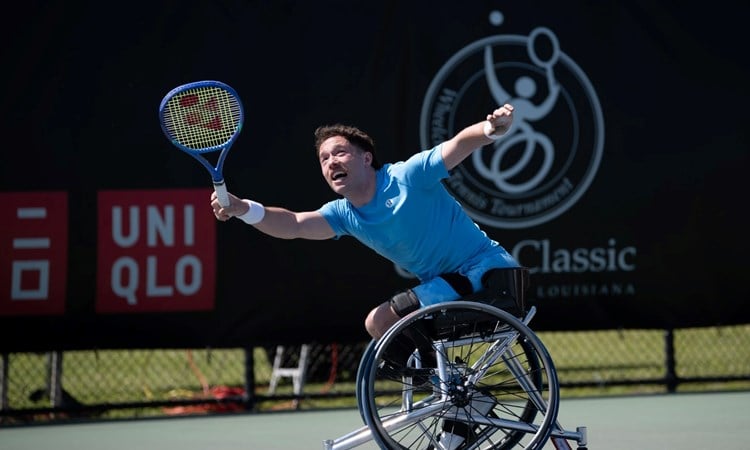 Alfie Hewett reaches for a forehand at the Cajun Classic