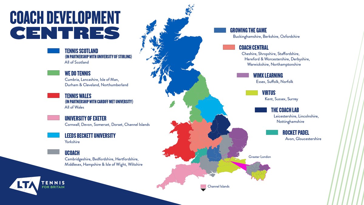 A map of Britain showing the coach development centres