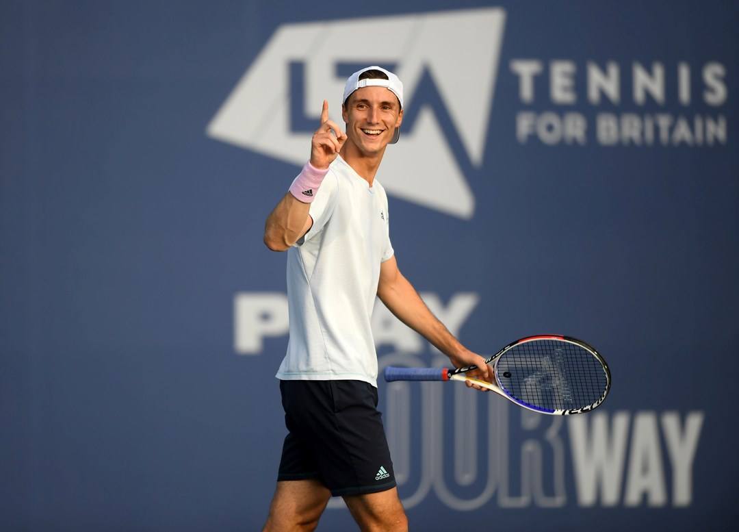 Joe Salisbury celebrates a win at the Battle of the Brits at the National Tennis Centre