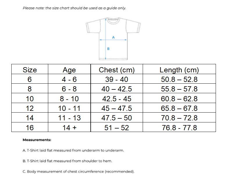 T-shirt size chart for the LTA Youth t-shirts