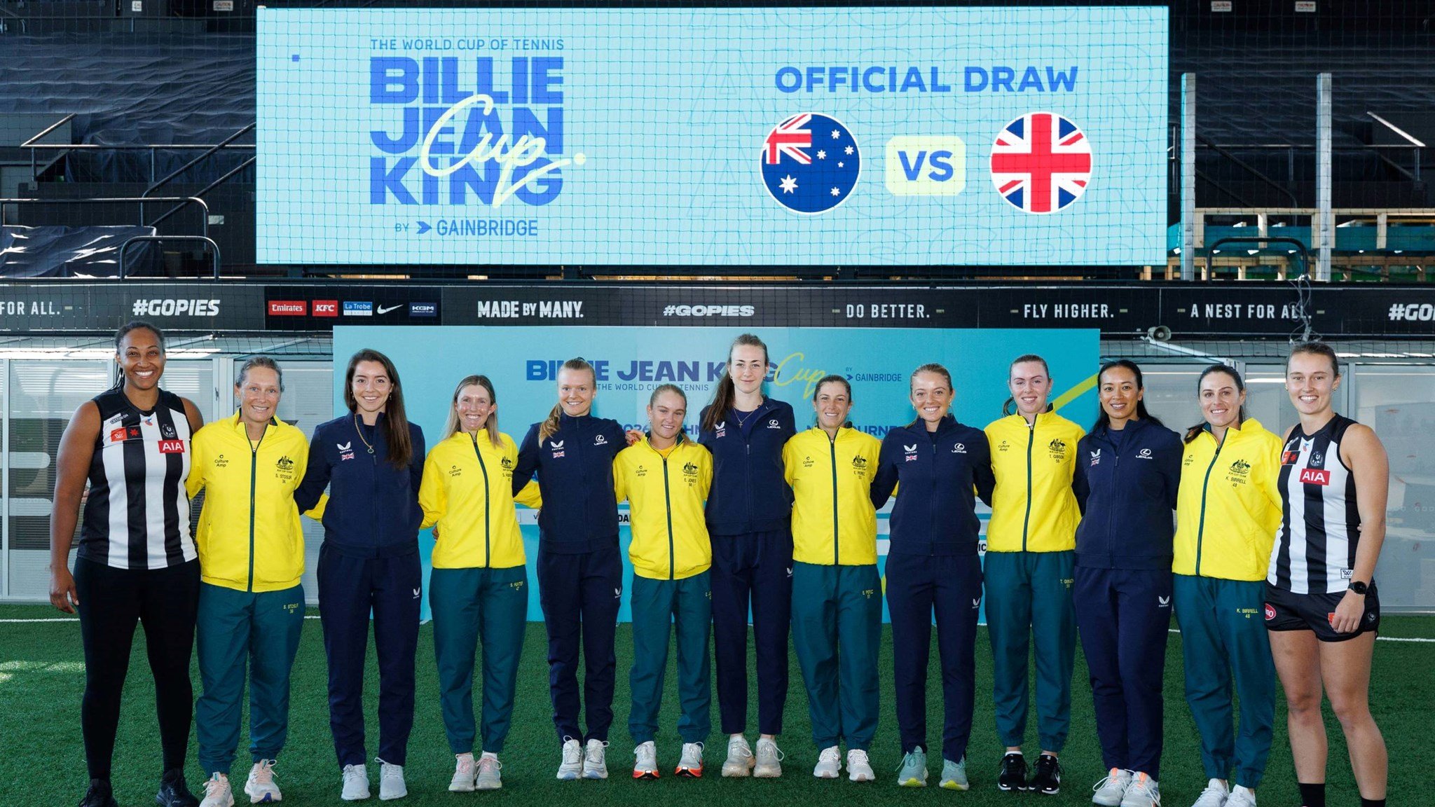 Great Britain and Australia Billie Jean King Cup teams line up together at the draw for their Qualifier tie