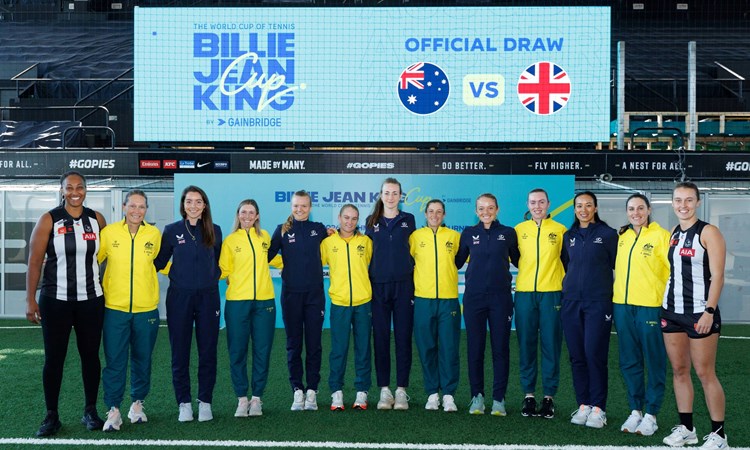 Great Britain and Australia Billie Jean King Cup teams line up together at the draw for their Qualifier tie