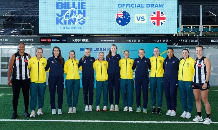 Great Britain and Australia Billie Jean King Cup teams line up together at the draw for their Qualifier tie