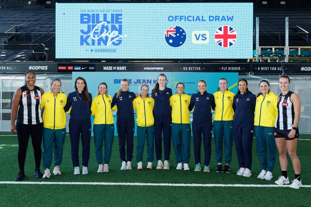 Great Britain and Australia Billie Jean King Cup teams line up together at the draw for their Qualifier tie