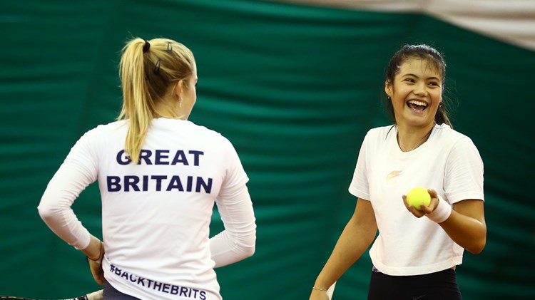 Emma Raducanu (R) and Katie  Swan (L)  during the Billie Jean King Cup - formerly known as the Fed Cup -  Media Day at the Queen's Club