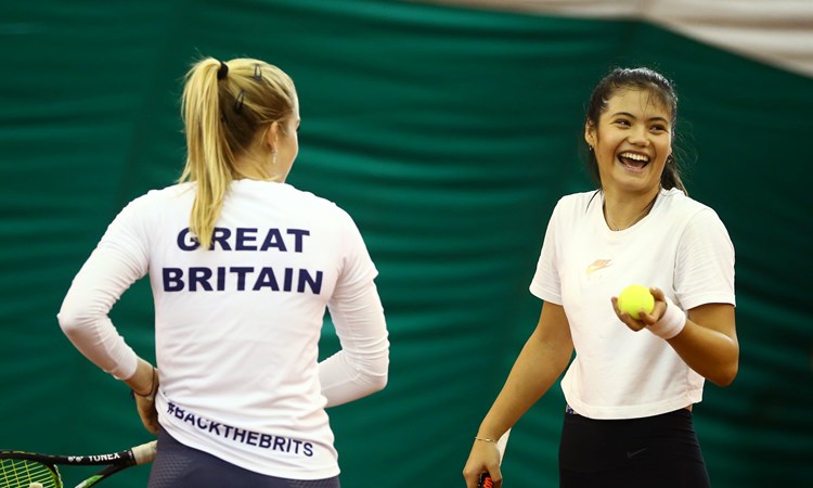 Emma Raducanu (R) and Katie  Swan (L)  during the Billie Jean King Cup - formerly known as the Fed Cup -  Media Day at the Queen's Club