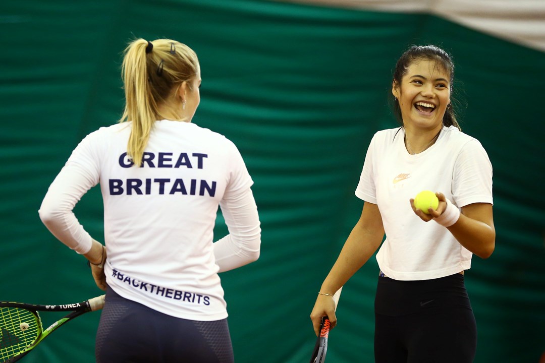 Emma Raducanu (R) and Katie Swan (L) during the Billie Jean King Cup - formerly known as the Fed Cup - Media Day at the Queen's Club