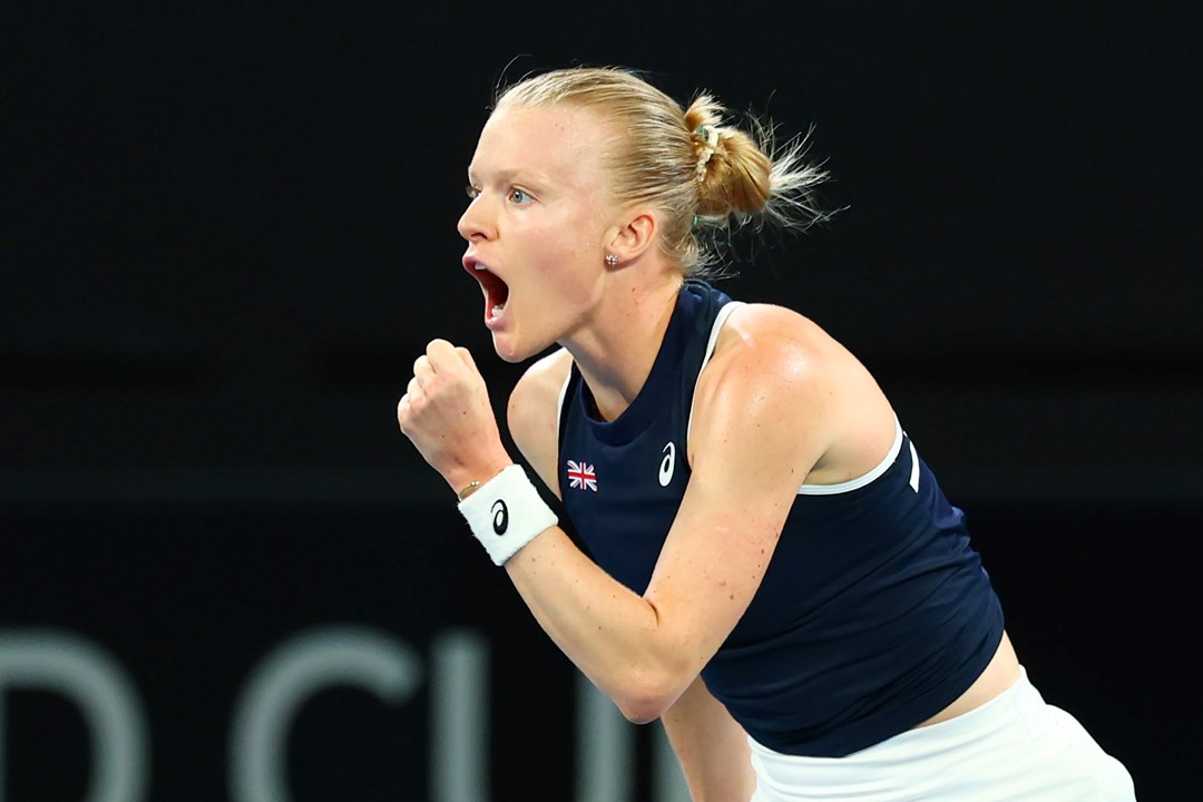 Harriet Dart celebrates winning her match against Kimberly Birrell at the Billie Jean King Cup