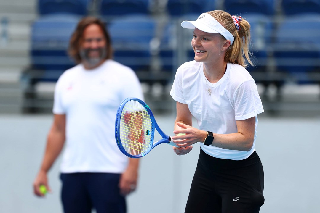 Harriet Dart laughing during practice at the Billie Jean King Cup