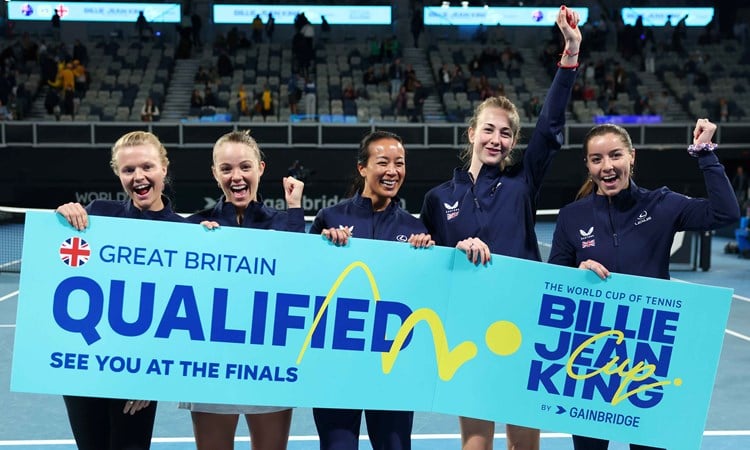 The GB Billie Jean King Cup team holding up the qualified sign after beating Australia