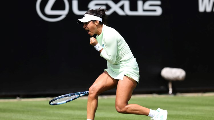 Heather Watson celebrates winning a point at the Lexus Eastbourne Open
