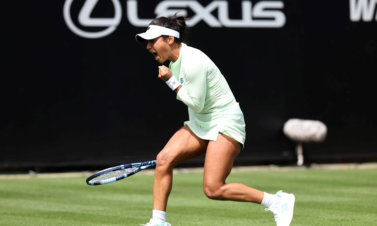 Heather Watson celebrates winning a point at the Lexus Eastbourne Open
