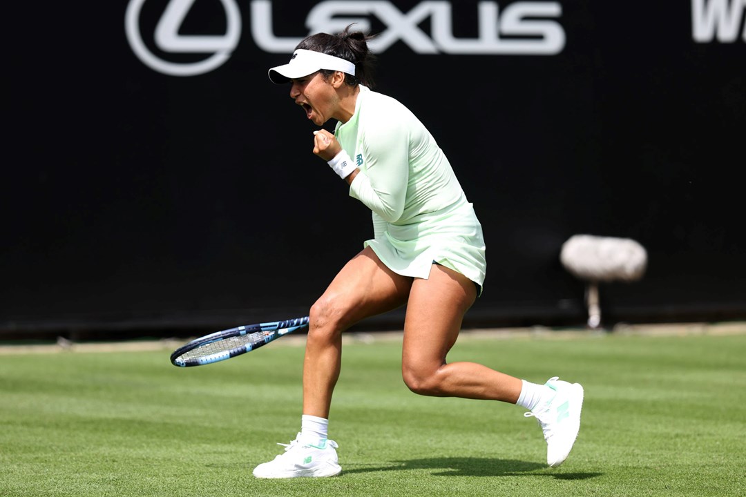 Heather Watson celebrates winning a point at the Lexus Eastbourne Open