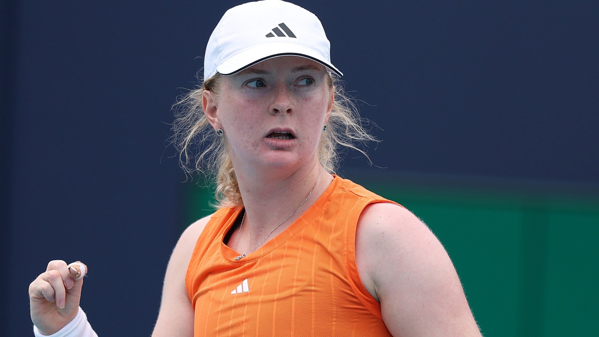 Francesca Jones celebrates winning a point against Venus Wiliams at the Miami Open