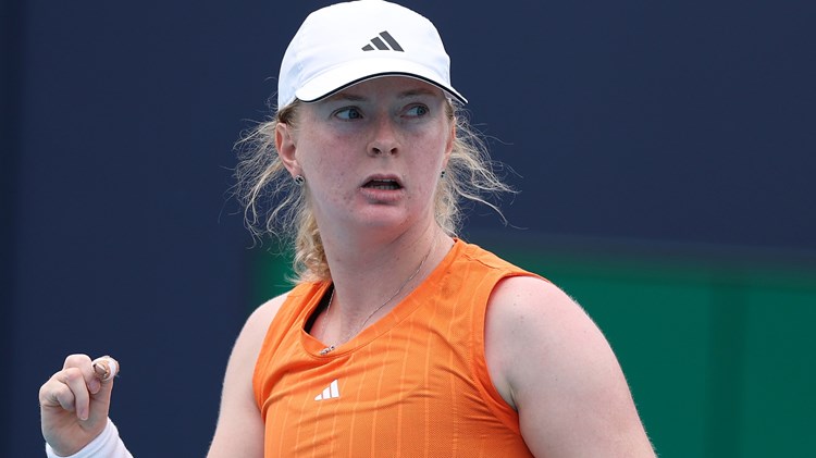Francesca Jones celebrates winning a point against Venus Wiliams at the Miami Open