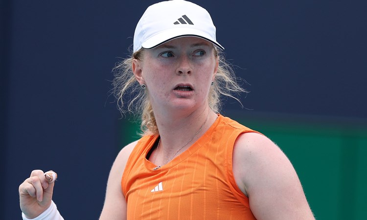 Francesca Jones celebrates winning a point against Venus Wiliams at the Miami Open