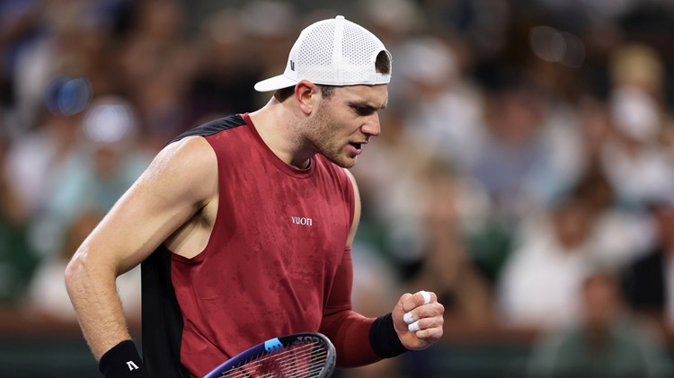 Jack Draper gives a fist pump in celebration during the fourth round at Indian Wells