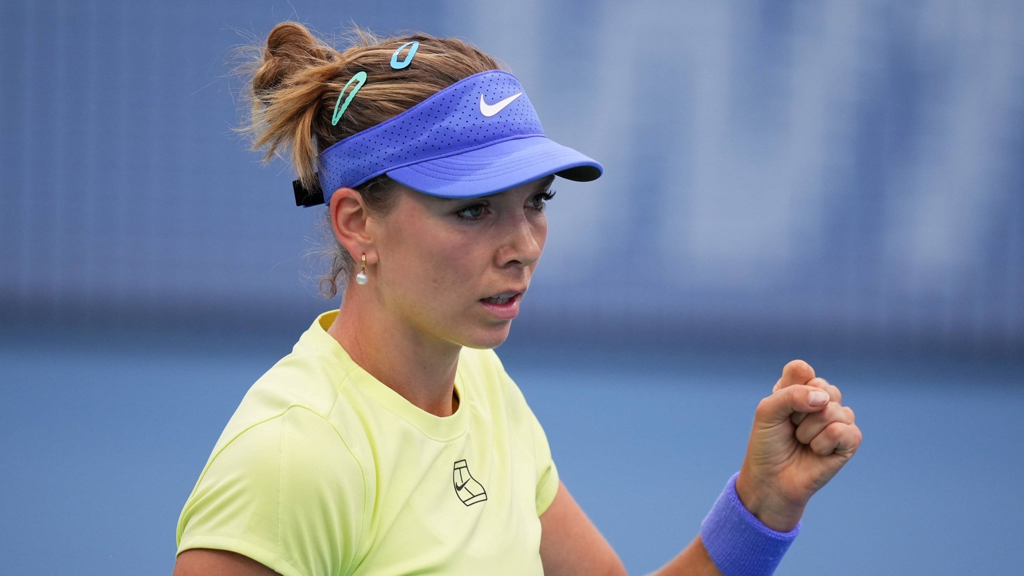 Katie Boulter gives a fist pump celebration at the Miami Open