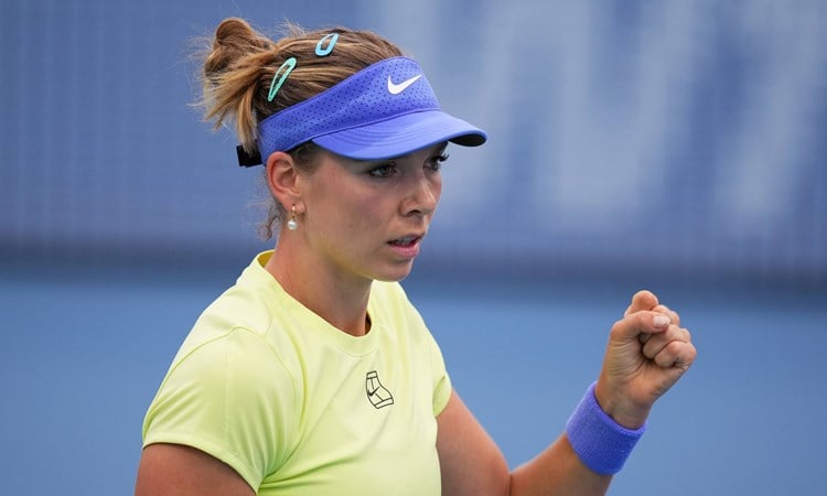 Katie Boulter gives a fist pump celebration at the Miami Open