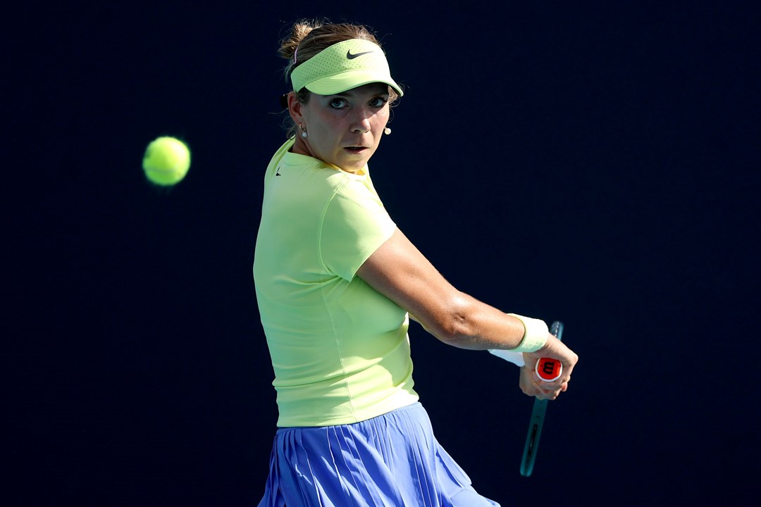 Katie Boulter lines up a backhand in a third round match at the Miami Open
