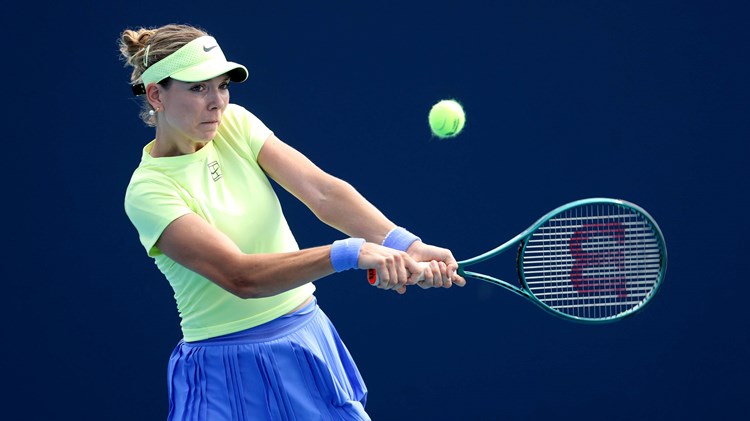 Katie Boulter hits a backhand in the second round of the Miami Open