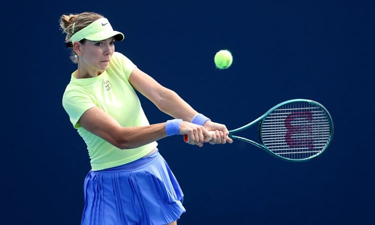 Katie Boulter hits a backhand in the second round of the Miami Open