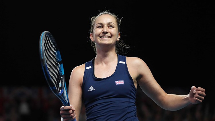 Olivia Nicholls celebrates a victory at the 2023 Billie Jean King Cup Qualifiers
