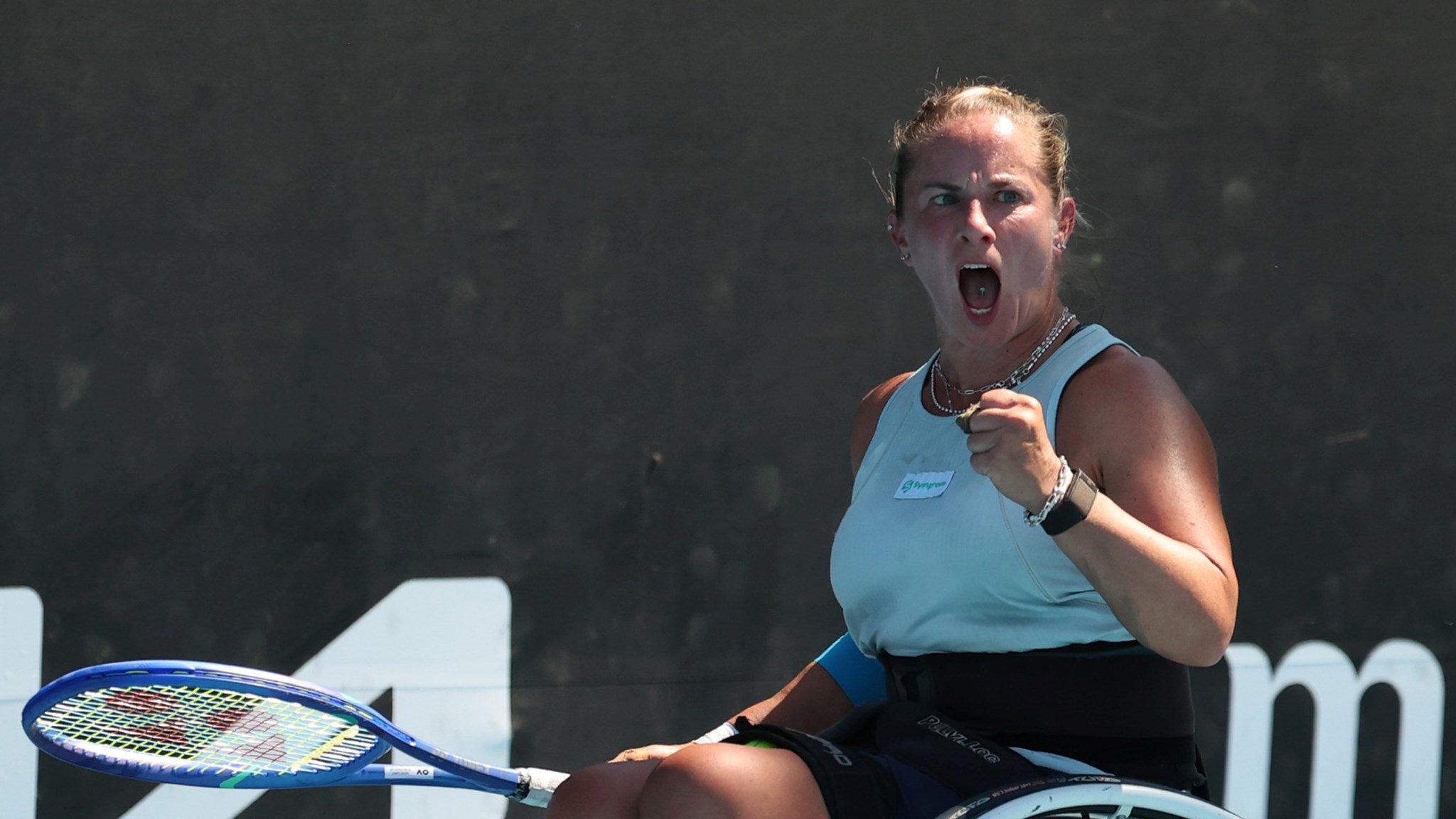 Lucy Shuker roars in celebration at the 2026 Australian Open