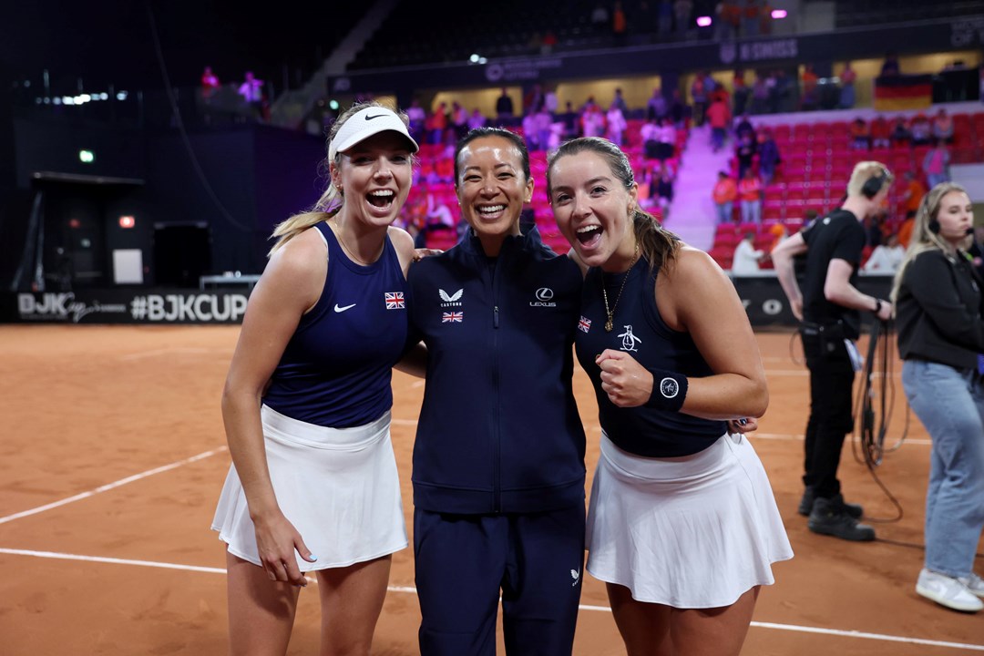 Katie Boulter, Anne Keothavong and Jodie Burrage all smiling after GB defeated Netherlands at the Billie Jean King Cup