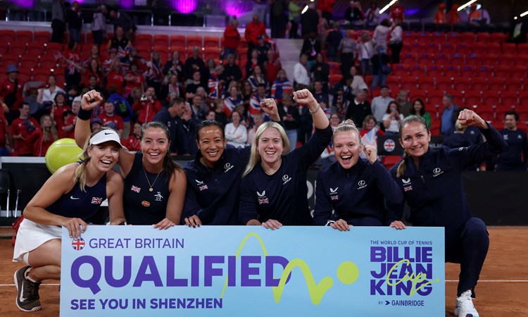 The Lexus GB Billie Jean King Cup team holding the qualified sign after beating Netherlands