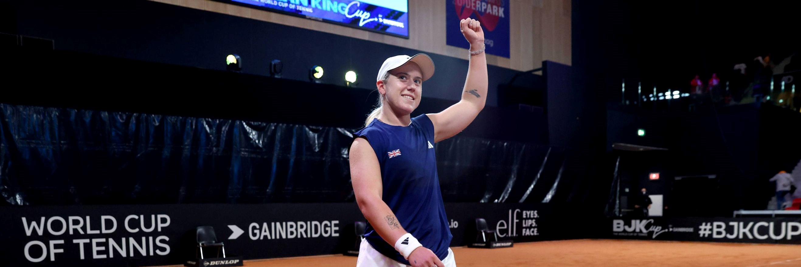 Sonay Kartal punches the air after beating Eva Vedder at the Billie Jean KIng Cup