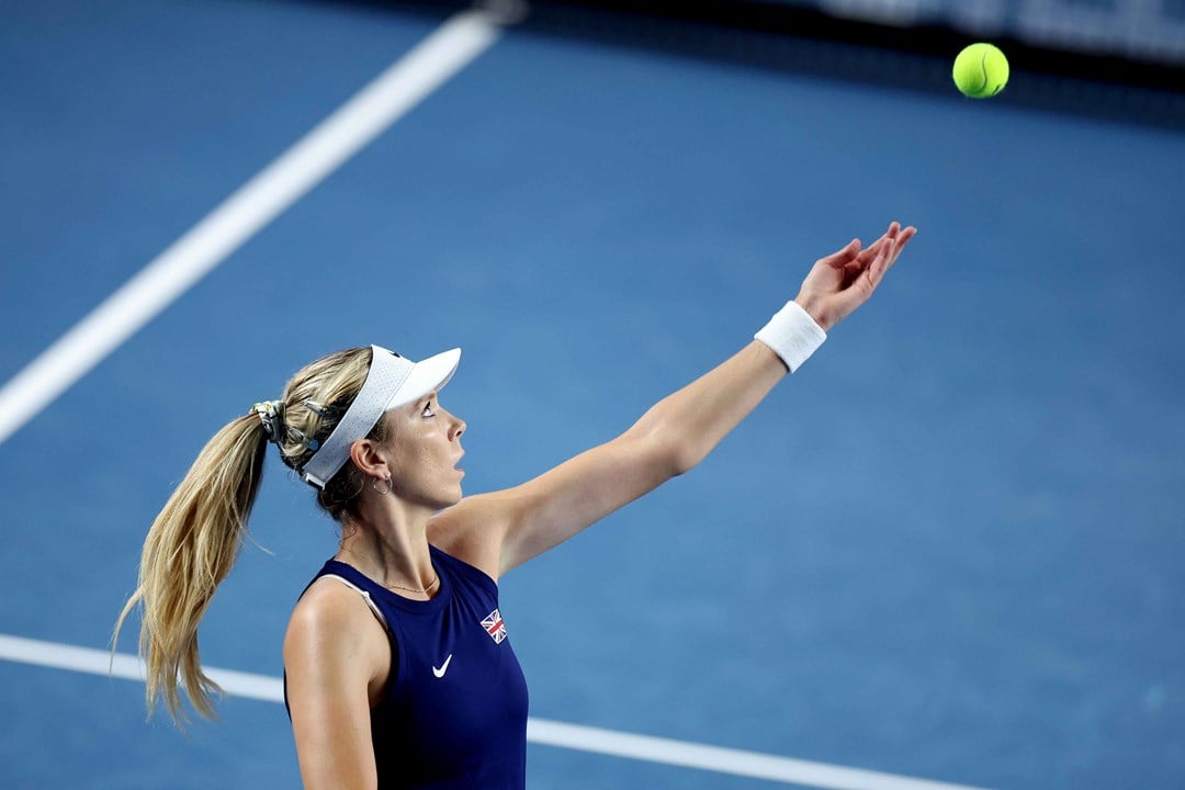 Katie Boulter serving on court at the Billie Jean King Cup Qualifiers