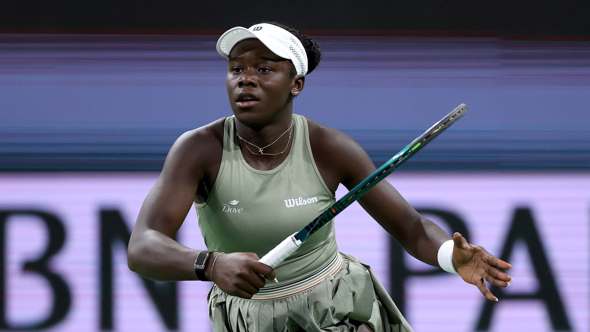 Victoria Mboko in action at Indian Wells