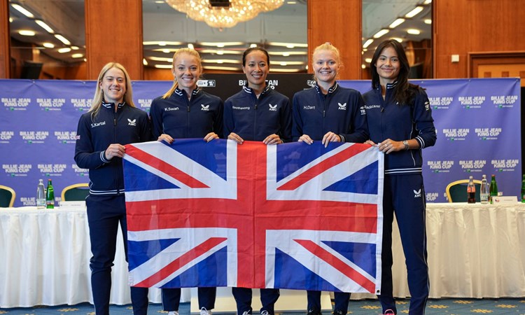 The 2022 British Billie Jean King Cup squad holding the flag