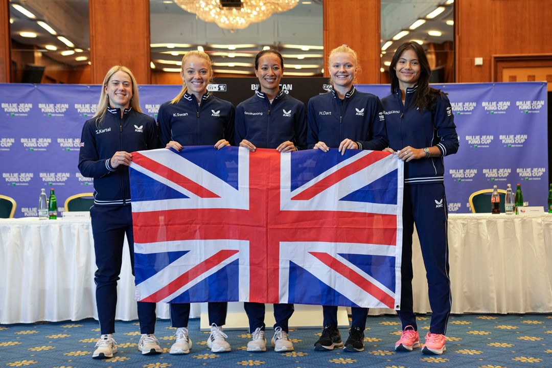 The 2022 British Billie Jean King Cup squad holding the flag