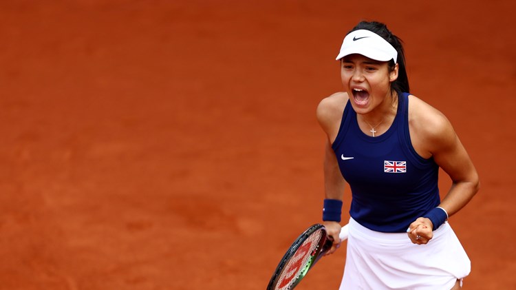 Emma Raducanu reacts during Great Britain's qualifying tie against the Czech Republic