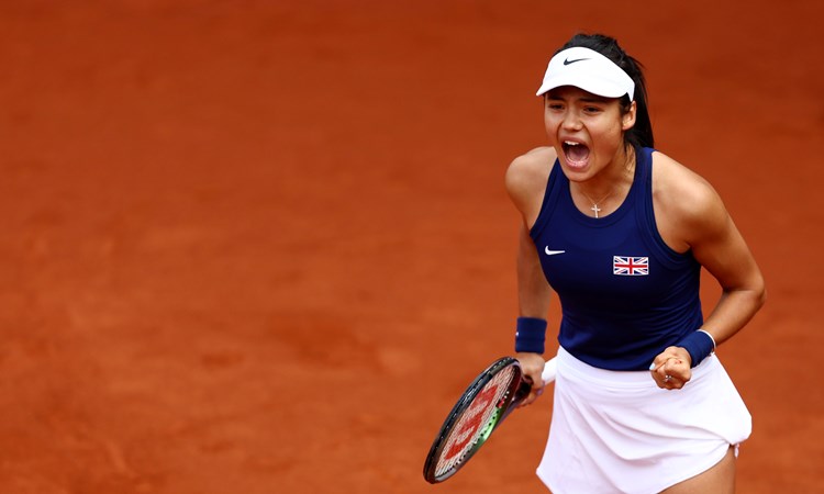 Emma Raducanu reacts during Great Britain's qualifying tie against the Czech Republic