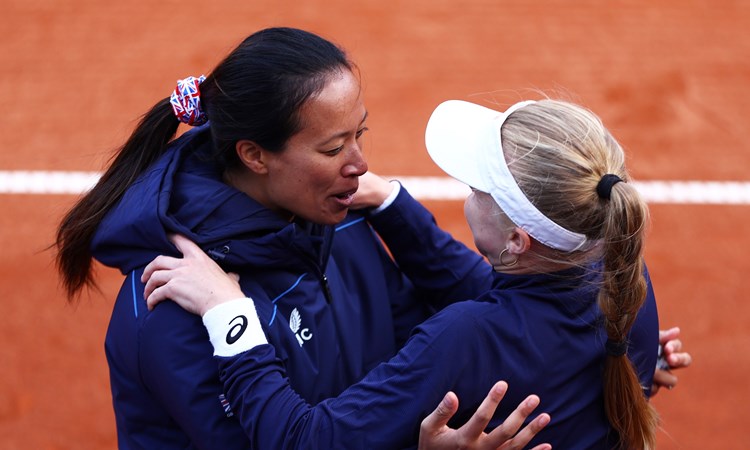 Harriet Dart and Anne Keothavong hug after Dart's win at the 2022 Billie Jean King Cup qualifier