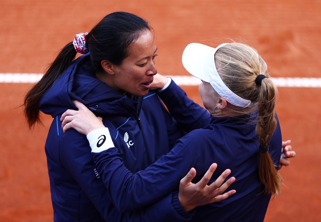Harriet Dart and Anne Keothavong hug after Dart's win at the 2022 Billie Jean King Cup qualifier