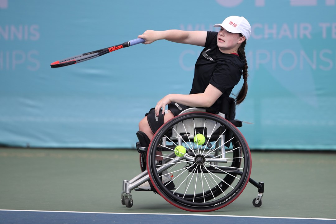 Ellie Robertson of Great Britain during her match with Abbie Breakwell of Great Britain on Day Four of the British Open Wheelchair Tennis Championships at the Nottingham Tennis Centre on July 15, 2022 in Nottingham, England.