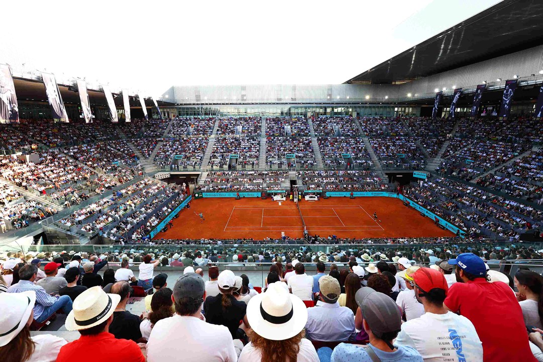 Centre Court at the Mutua Madrid Open, with a crowd looking on to the court
