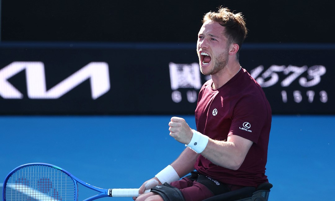 Alfie Hewett gives a fist pump after winning a match at the Australian Open in 2025