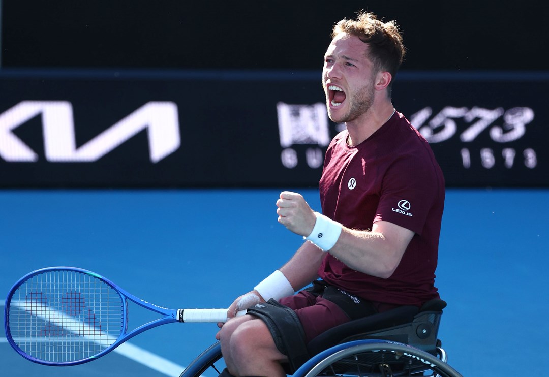 Alfie Hewett gives a fist pump after winning a match at the Australian Open in 2025