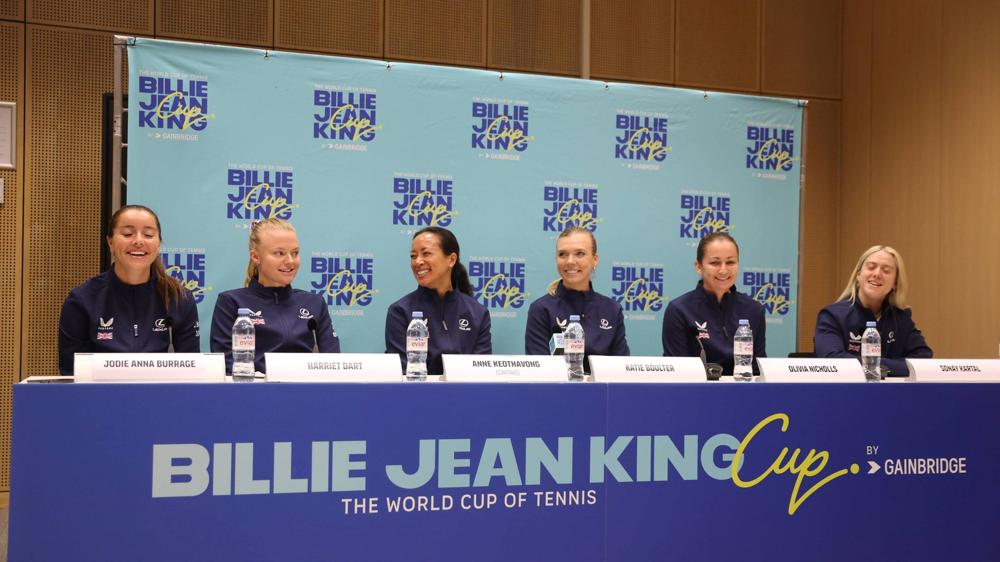 The Lexus GB Billie Jean KIng Cup team at a press conference for the 2025 Qualifiers in Netherlands