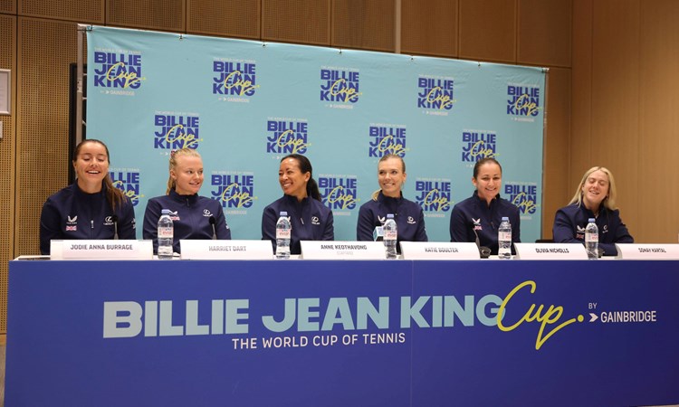 The Lexus GB Billie Jean KIng Cup team at a press conference for the 2025 Qualifiers in Netherlands