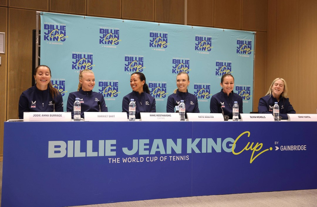 The Lexus GB Billie Jean KIng Cup team at a press conference for the 2025 Qualifiers in Netherlands