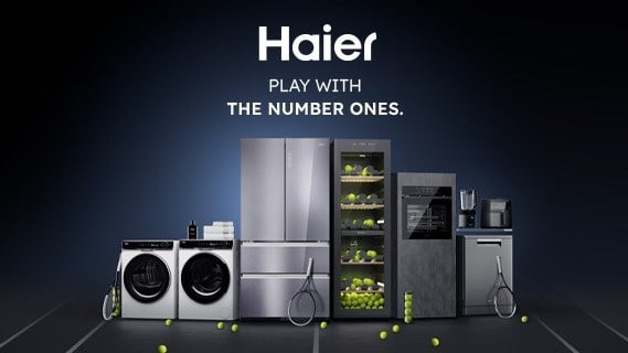 Haier graphic showing tennis balls and equipment with utilities products such as washing machines and fridges